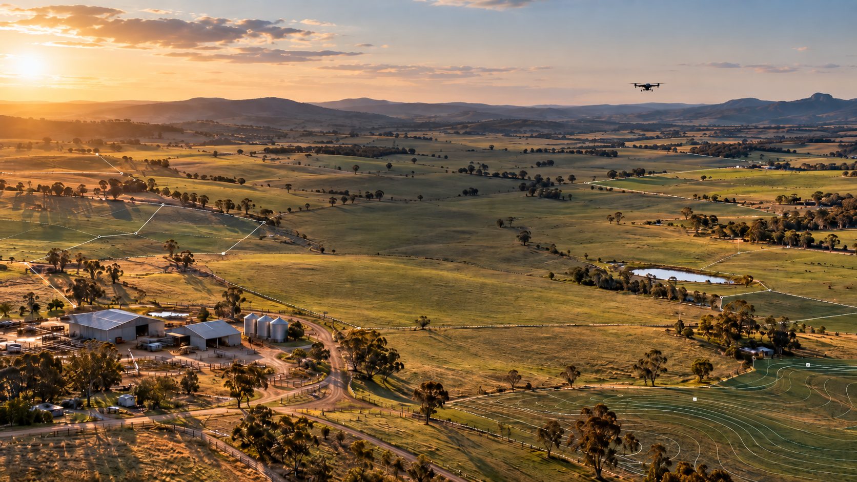 Drone flying over rolling NSW farmland at sunset, with mapped paddock boundaries and contour lines